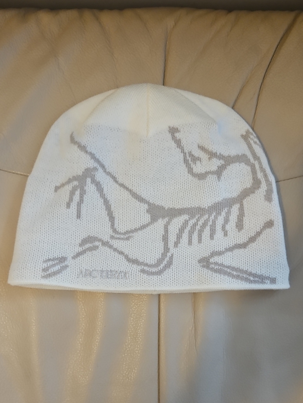 Arc'teryx Men's White and Light Gray Beanie with Dinosaur Skeleton Motif